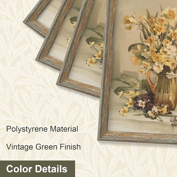 Vittanly 12x12 Picture Frame Set of 4, Vintage Photo Frame for Wall or Tabletop, Display 8x8 Pictures with Mat or 12x12 without Mat, Rustic Farmhouse Home Decor, Vintage Green