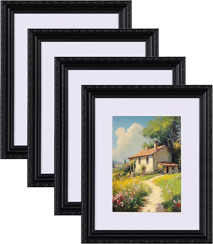 eletecpro 8x10 Picture Frames Set of 4, Vintage Photo Frame with Glass Cover, Black Frames 8 x 10 Display 5x7 Photo with Mat or 8x10 without Mat for Tabletop or Wall Decor, Black