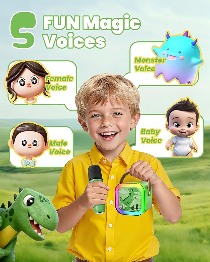 Mini Karaoke Machine for Kids Girls & Boys - Portable Bluetooth Speaker with 2 Wireless Microphones - Kids Birthday Gifts for Ages 4-10 - Dinosaur