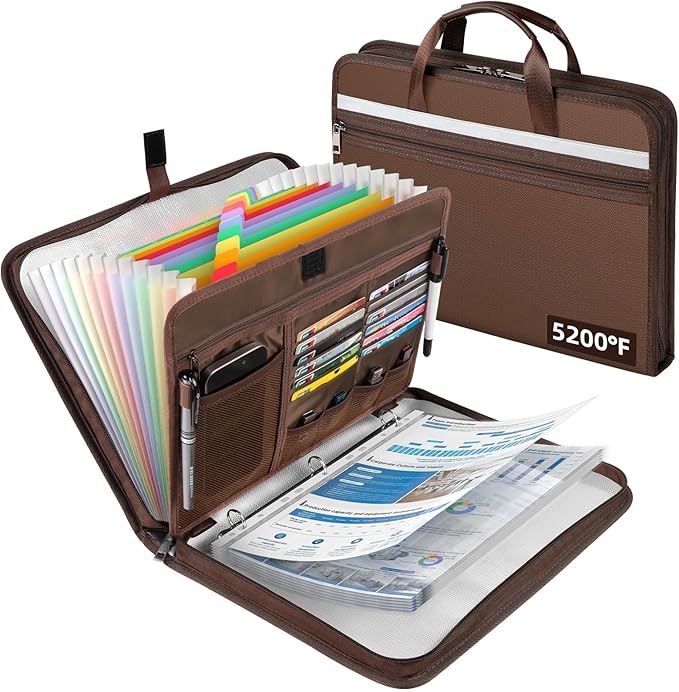 5200℉ Fireproof Document Organizer with 13 Accordion Expanding File Folder, Aluminum Foil Zipper Binder with 30 A4/Letter Sheet Protector, Binder for School Office Home Storage (Brown)