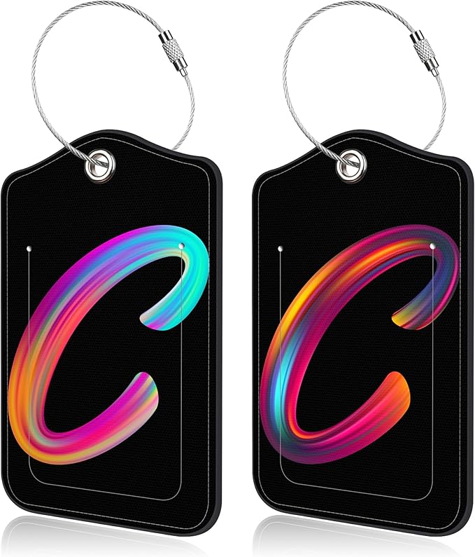 Luggage Tags for Suitcase,2 Pack Neon Colorful Letters Luggage Tags,Leather Baggage Tags Identifiers with Privacy Name Address Labels and Metal Loop for Women Men Girls Travel,Letter C