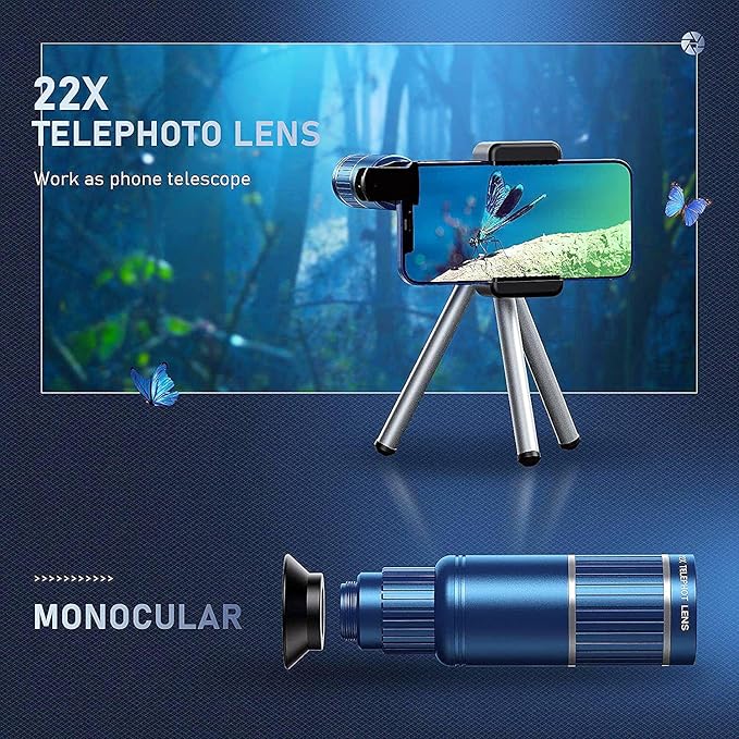 Phone Camera Lens Kit Upgraded Version — Includes 22X Telephoto Lens, 205° Fisheye Lens, 0.67X Wide Angle Lens, 25X Macro Lens, Clip & Mini Tripod for iPhone and Android Phones