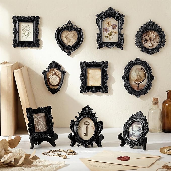 Tatuo 20 Sets Mini Picture Frames and Display Stands Vintage Resin Picture Frame Resin Holder for Home Office Bedroom Living Room Wedding Decor (Black)
