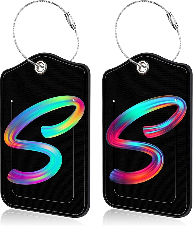 Luggage Tags for Suitcase,2 Pack Neon Colorful Letters Luggage Tags,Leather Baggage Tags Identifiers with Privacy Name Address Labels and Metal Loop for Women Men Girls Travel,Letter S