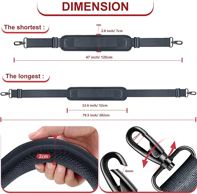 ZINZ 79.5" Universal Strap with Ultra-Thick Fixed Breathable Pad - Adjustable Heavy-Duty Shoulder Strap for Laptop, Crossbody, Luggage, Gym, Camera Bag and More - D01G01