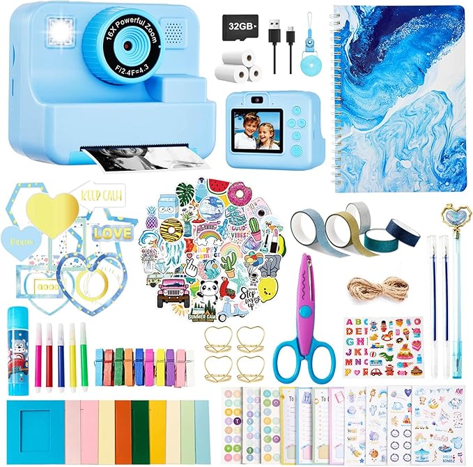 Kids Instant Print Camera, 1080P Selfie Video Camera with DIY Journal Kit – 200+ Accessories, Christmas & Birthday Gifts for Girls & Boys Ages 3-12 (Blue)