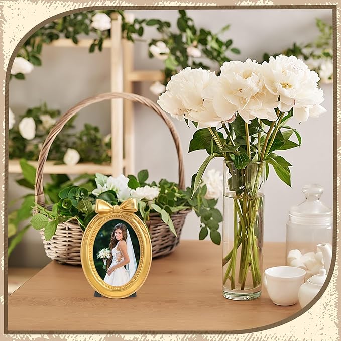 Vicenpal 3 Pcs Mini Gold Frames Small Vintage Picture Frames 2.5 x 3.5 Inch Oval Resin Antique Baroque Ornaments with Glass Panel and Rack Stands