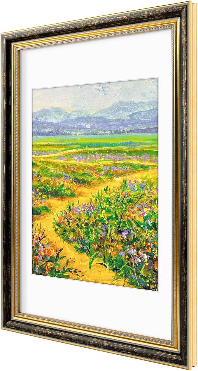 Golden State Art,11x17 Ornate Picture Frame for 9x12 Photo With Mat or 11 x 17 Prints Without Mat, Real Glass Wall Display Horizontally or Vertically (Color:Black Gold)