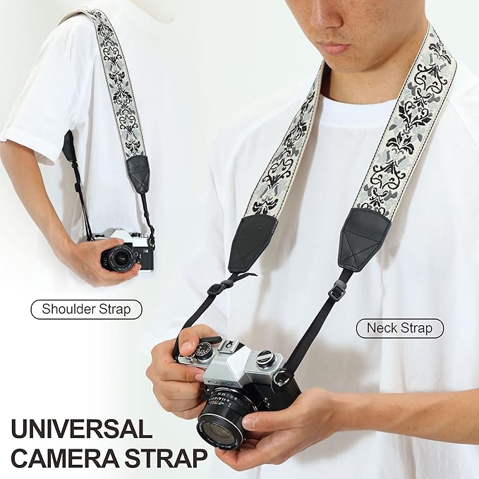 Padwa Lifestyle Camera Strap - 2" Wide Vintage Jacquard Embroidery Grey Flower Camera Straps with Genuine Leather Head,Adjustable Neck Shoulder Strap for All Cameras and Men & Women Photographers