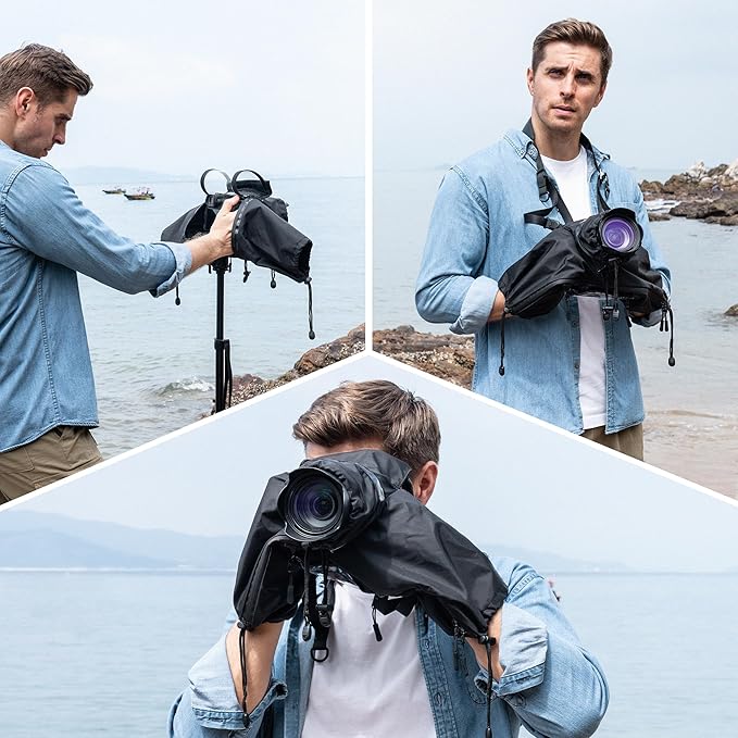 JJC Camera Rain Cover Sleeve for Canon Nikon Sony Fujifilm Mirrorless Camera with Lens Below 7.1x5.5x9.1” (WxHxD), Nylon Camera Rain Coat Protector with Zippered See Through Windows-Black