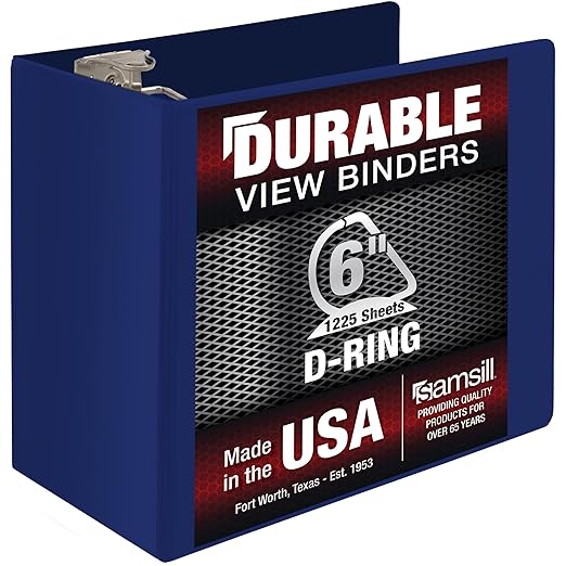 Samsill Durable 6 Inch Binder, Made in The USA, Locking D Ring Binder, Customizable Clear View Cover, Dark Blue, Holds 1225 Pages