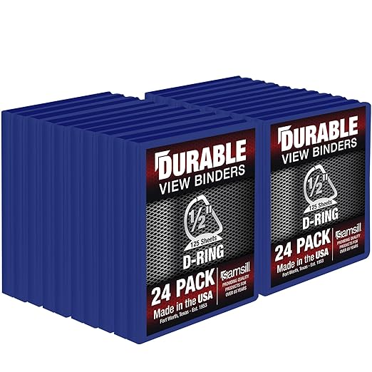 Samsill Durable 0.5 Inch Binder, Made in The USA, D Ring Binder, Customizable Clear View Cover, Blue, 24 Pack, Each Holds 125 Pages