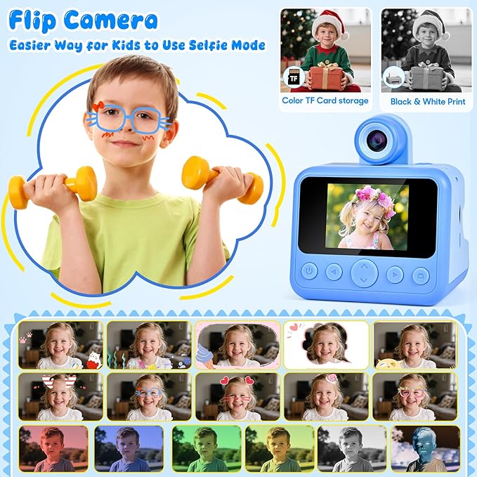Kids Instant Print Camera, 30MP 1080P HD Digital Camera for Boys Girls with Color Pens & 32GB Card, Christmas Birthday Gifts Kids Toys for 3-12 Years Old (Blue)