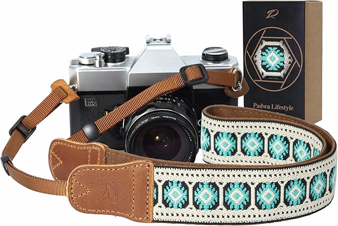Padwa Lifestyle Camera Strap - 1.5" Crazy Horse Cowhide Head Cotton Strap,Vintage Embroidery Camera Straps for Photographers,Cameras,Binoculars,Cute Adjustable Shoulder Neck Strap for Adults & Kids