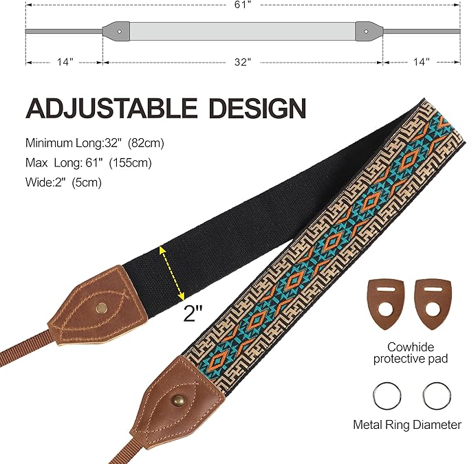Padwa Lifestyle 2" Wide Classic Crazy Horse Art Cowhide Head Camera Strap - Jacquard Embroidery Floral Vintage Camera Straps for Photographers Gift, Adjustable Shoulder Neck Strap Fits DSLR Cameras