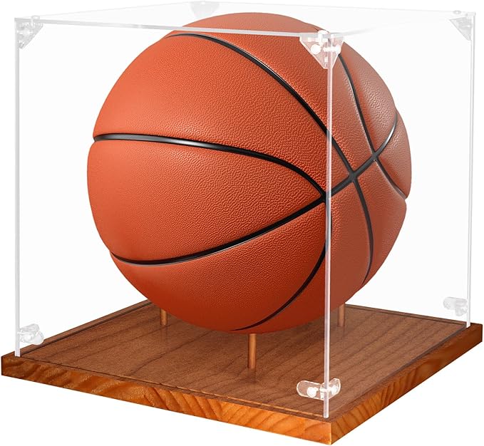 Clear Acrylic Basketball Display Case with Wood Base & Tee, Memorabilia Stand Cube Holder, Dust Protection Transparent Storage Box for Single Ball Souvenir Basketball Collections