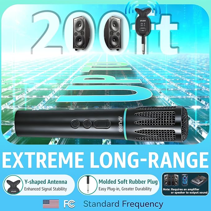 Rechargeable Wireless Microphones & Bluetooth Dual-Mics Receiver for Karaoke, Singing, Speech, DJ, 24H Battery, 200ft, RGB Light, Wireless Microphone Set for Mic/Aux/USB Port (Dual Mic, Black)