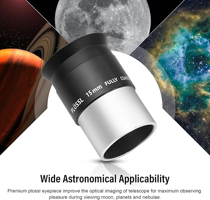 Astromania Telescope Plossl Eyepiece 15mm, 50 Degree Apparent Field of View Plossl Lens with Fully Multi Coated 4-Element, Metal Telescope Accessory for Standard 1.25 Inch Astronomy Filter Thread