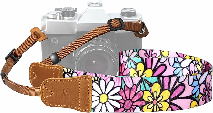 Padwa Lifestyle Camera Strap - 1.5" Soft Nylon Print Crazy Horse Cowhide Head Camera Straps for Photographers and All Cameras,Cute Adjustable Vintage Woven Strap for Adults & Kids(Sunshine Flower)