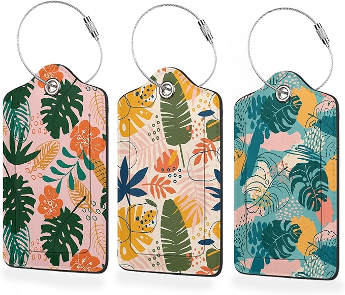 3 Pack Palm Leaves Luggage Tags,Tropical Flowers PU Leather Luggage Tags for Suitcase,Name ID Labels with Privacy Cover Suitcases and Metal Loop for Travel Bag Suitcase