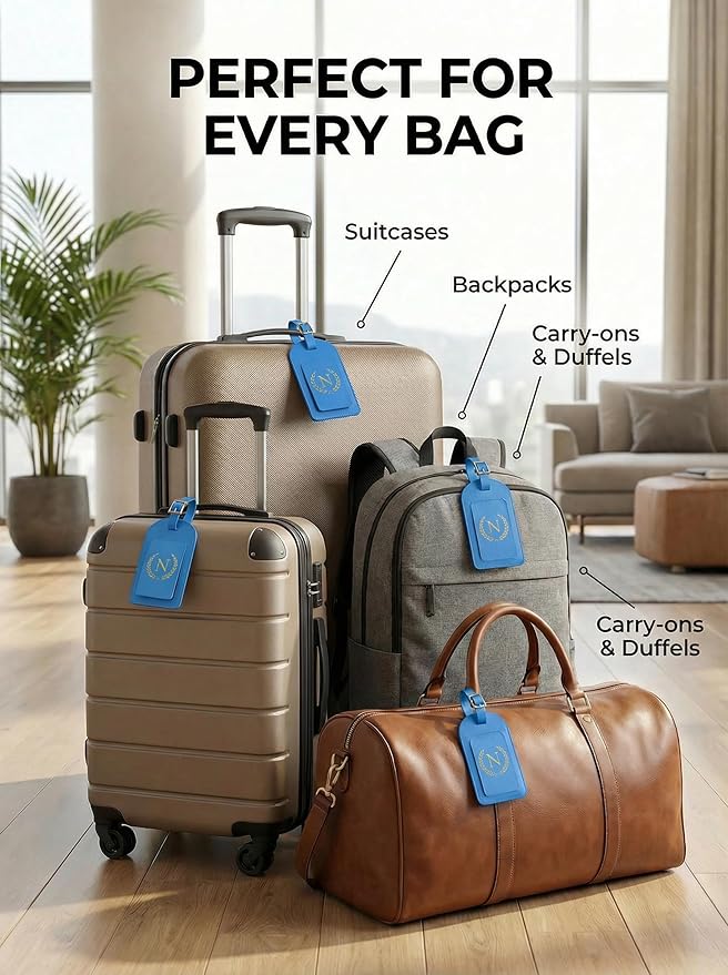 Luggage Tags for Suitcases 6 Pack PU Leather Travel Bag Tags with Privacy Cover & Stainless Steel Buckle, Vegan Leather Name ID Labels for Travel Bags, Cruise, Airline, Backpack, Baggage Identifier(N)