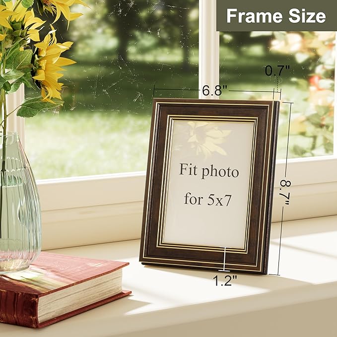 Vittanly 5x7 Picture Frame Set of 4, Vintage Photo Frame for Wall or Tabletop, Display 5x7 Pictures, Rustic Farmhouse Home Decor, Brown