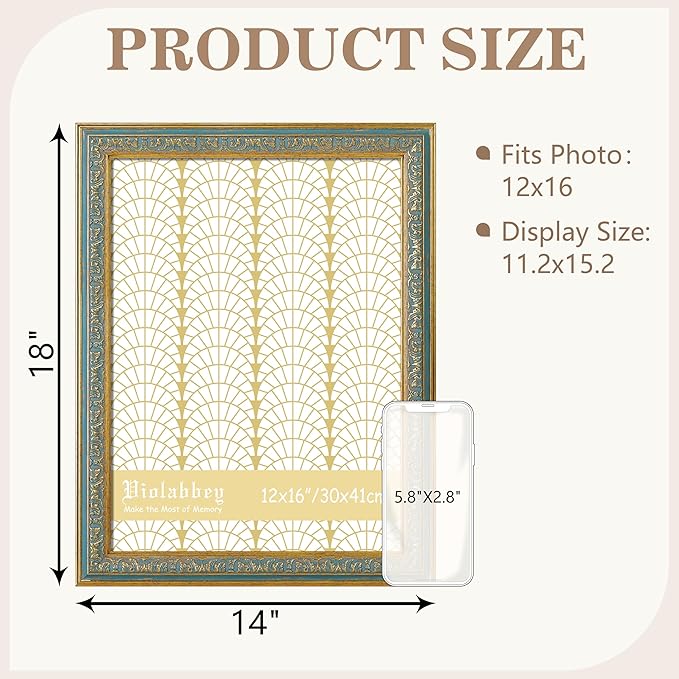 VIOLABBEY 12x16 Picture Frame Blue, Vintage Photo Frames Ornate without Mat for Wall Hanging