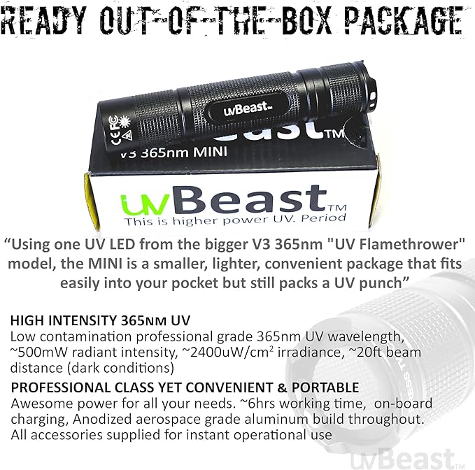 uvBeast New V3 365nm MINI - Black Light UV Flashlight – High Definition Pure Ultraviolet - Professional Grade High Power Upgraded 5 Core UV LED – USA Stock