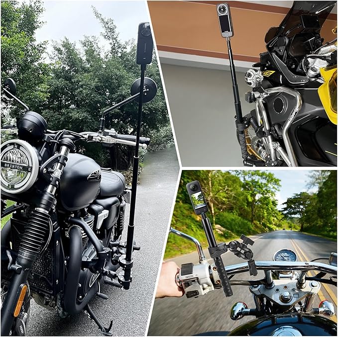 PULUZ Double Clamp Motorcycle Mount Kit for Insta360 X4 X3 X2 GO 3 One RS Camera, Bike Handlebar Mount Bundle with 59" Invisible Selfie Stick Telescopic for Moto Bicycle Riding Records