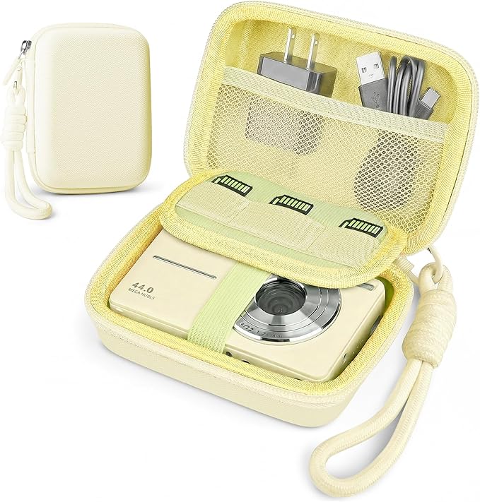 Digital Camera Case for CAMKORY/KODAK PIXPRO FZ45/FZ55/Canon IXUS 285 HS/AbergBest/Sony DSCW800/DSCW830 - Small Travel Compact Camera Holder with Mesh Pocket for SD Card & Accessories (Pale Yellow)