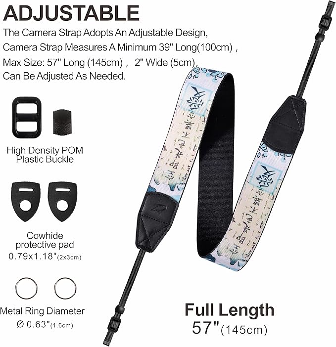Padwa Lifestyle Chinese Style Camera Strap - 2" Wide Genuine Leather Ends Camera Straps for Photographers, Vintage Chinese Style Print Nylon Strap with Camera Quick Release fits All Cameras