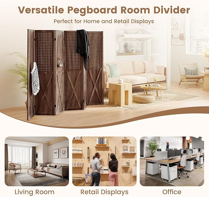 6 Panel Pegboard Room Divider, 5.6Ft Pegboard Display Folding Privacy Screens, Wood Room Divider Peg Board Display Freestanding for Trade Show Craft Show Home Wall Organizer, Brown