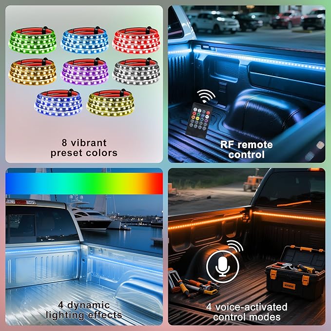 2PCS 60" RGB Truck Bed Light Strip Kit Remote Controlled Color Changing LED Bars with Music Sync, IP67 Waterproof for Pickup Trucks, SUVs, RVs/Boats