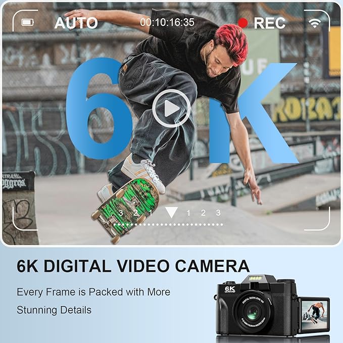 Yatao Digital Cameras for Photography and Vlogging, 6K 64MP Flip Screen, Dual Lens, Microphone for Video, 64GB TF Card, Compact Photo WiFi Camera for YouTube Kit Travel, Beginners (Black)