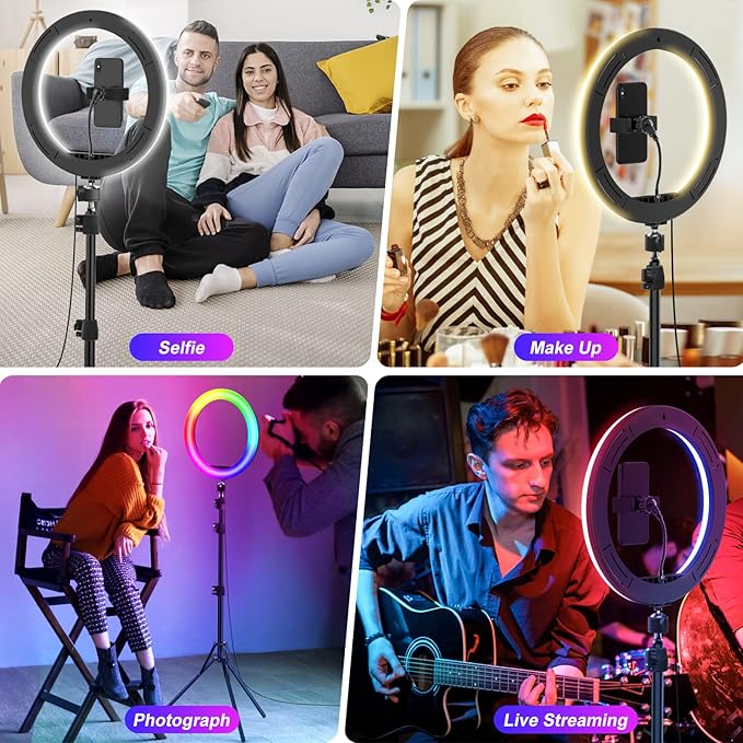 STALLY 13.3" Ring Light with Stand, Music Mode, 75" Tall with 3 Phone Holder, 3 CCT Modes & 48 RGB Color Modes, Ring Light Tripod for iPhone with Wireless Remote, Great for Photograph/Makeup/TikTok