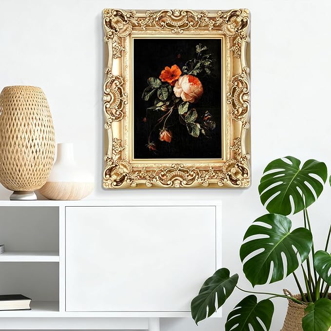 11X14 Vintage Picture Frame, Antique Champagne Gold Ornate Baroque Frame with Real Glass, 11 X 14 Photo Frame for Tabletop Wall Hanging Display