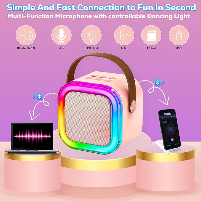 Mini Karaoke Machine for Kids KTV Machine for Kids Mini Karaoke Machine with 2 Wireless Microphones，Kids Karaoke Machine High Sound Quality Kids Karaoke with Easy Connectivity (White - 2 Mics)