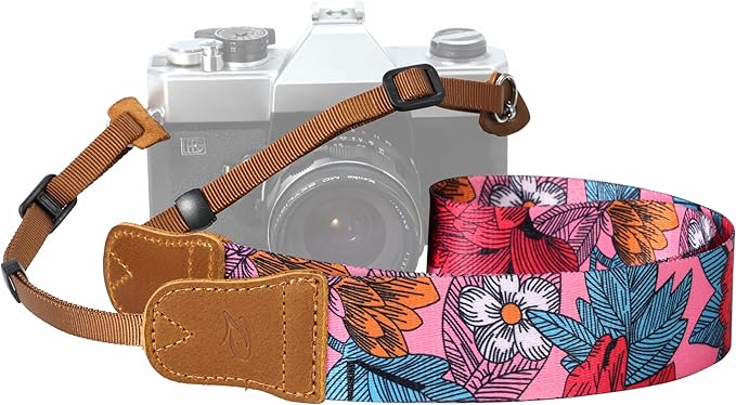 Padwa Lifestyle Camera Strap - 1.5" Soft Nylon Print Crazy Horse Cowhide Head Camera Straps for Photographers and All Cameras,Cute Adjustable Vintage Woven Strap for Adults & Kids(Flower Heart Pink)
