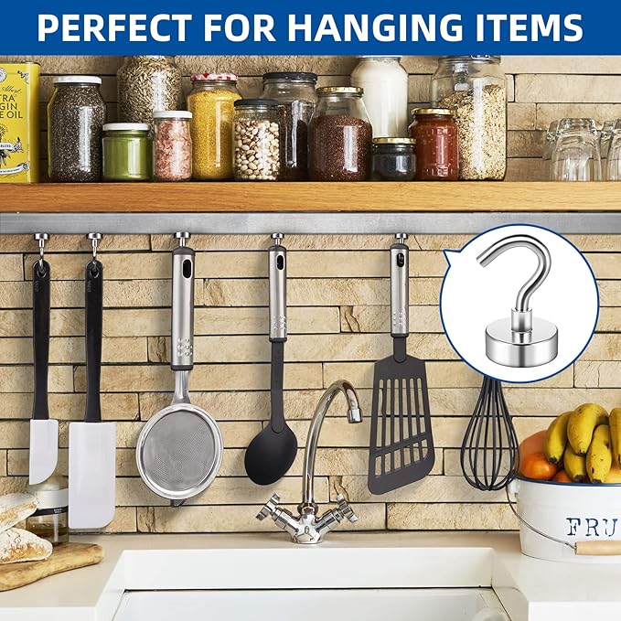 FINDMAG 20 Pack Magnetic Hooks for Cruise Cabins, 30 LB Strong Neodymium Magnets with Hooks, Rare Earth Magnetic Hook for Hanging in Classroom, Kitchen, Office, Camper, Home, Ship, Silver