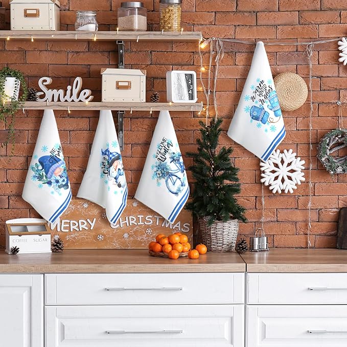 Preboun 6 Pcs Hello Winter Kitchen Towels Snowman Gnome Dish Blue Snowflake Tea Christmas Hand Drying Towels Baking Cooking Cloth for Home Kitchen Bathroom Decor