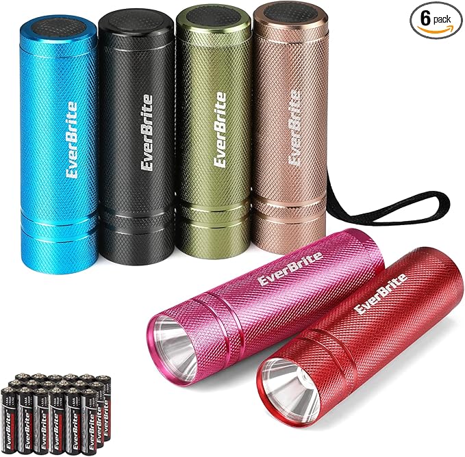 EverBrite 6-Pack Mini Flashlight Set, Aluminum LED Handheld Torches with Lanyard, Assorted Colors, 18 AAA Batteries Included for Emergency, Camping, Power Outage, Bulk Holiday Gifts