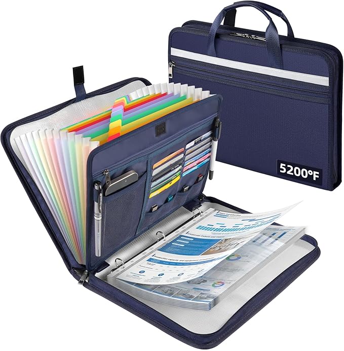 5200℉ Fireproof Document Organizer with 13 Accordion Expanding File Folder, Aluminum Foil Zipper Binder with 30 A4/Letter Sheet Protector, Binder for School Office Home Storage (Blue)
