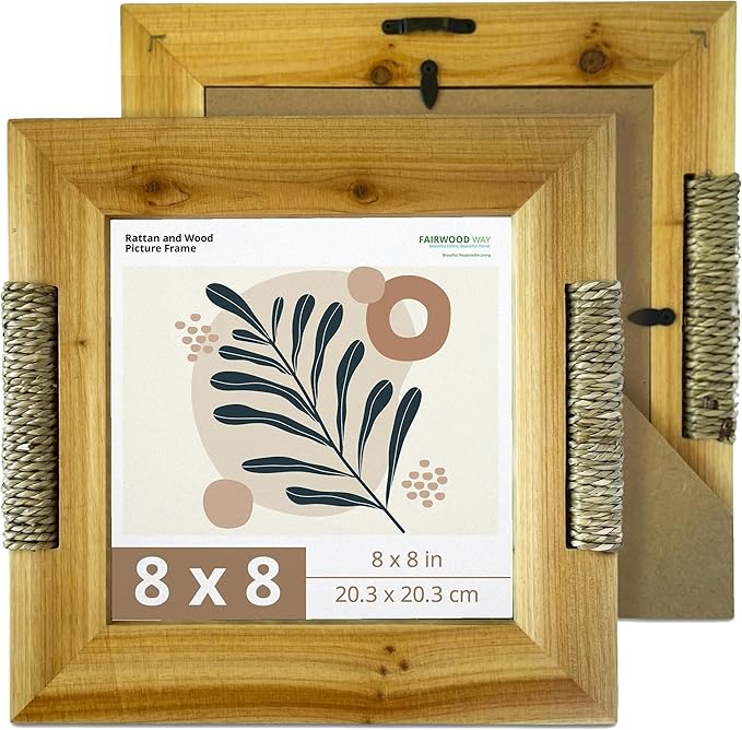BoHo Wicker Accent Solid Wood Picture Frame for 8x8 Photo or Artwork - Bohemian, Coastal or Beach Style, Wall & Tabletop Decor Picture Frame, All Natural Wood & Seagrass - Golden Brown