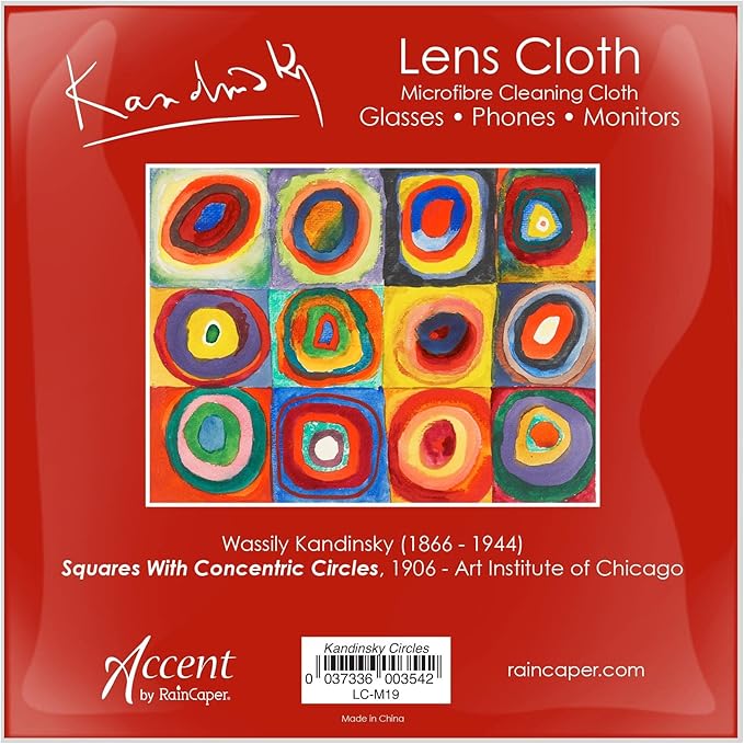 Quality Microfiber Lens Cleaning Cloth - 6”x6” - for Eyeglasses, Sunglasses, Phones, Screens, Blue-Light Glasses, Monitors - Fine Art Design - Kandinsky Circles