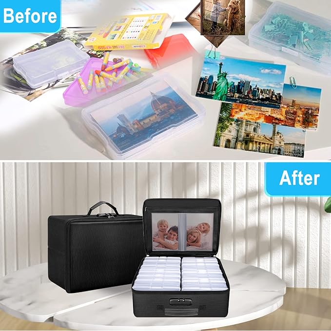 ENGPOW Fireproof Photo Storage Box with 16 Inner 4" x 6" Photo Case(Clear),Photo Box Organizer with Lock,Collapsible Portable Photo Storage Containers with Handle for Photos,Picture,Valuables