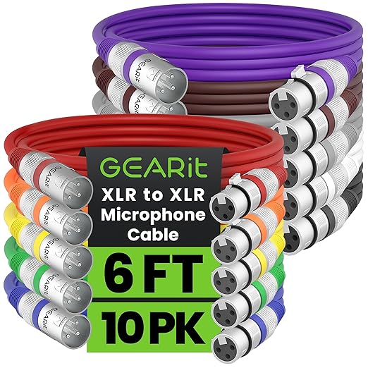 GearIT XLR Microphone Cable (6 Feet, 10 Pack) - Male to Female, Balanced Shielded XLR Cable for Mic Mixer, Recording Studio, Podcast - Multi Colored, 6Ft, 10 Pack
