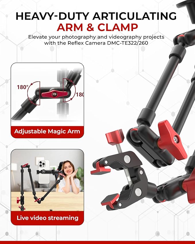 REFLEX CAMERA Metal Articulating 32" Magic Arm with Super Clamp Overhead Camera Mount – 1kg Load Capacity, Boom Arm with 1/4", 3/8" Screws Mounts - Photography, Videography & Streaming - Adjustable