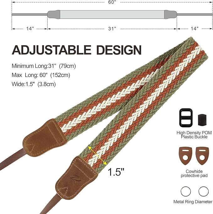 Padwa Lifestyle Stripes Camera Strap - 1.5" Soft Cotton Rope Weave Crazy Horse Cowhide Head Shoulder Neck Straps for Photographers and All Cameras,Cute Adjustable Vintage Woven Strap for Adults & Kids