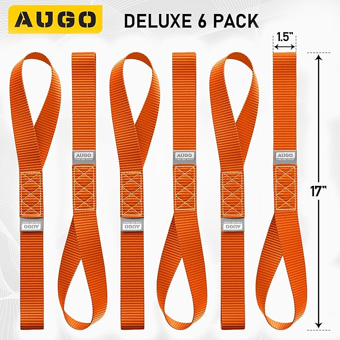 AUGO Heavy Duty Soft Loops –Pack of 6-1.5” x 17” Tie Down Anchor Straps for Use w/Ratchet Strap Hooks – 3000Lb Load Capacity & 10,000Lb Break Strength – Great for Motorcycle, Bike, Roof Rack, Etc.