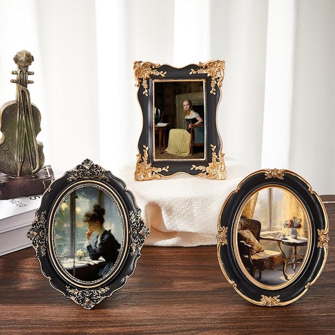 3 Pcs Black Vintage Picture Frame Set Antique Oval Picture Frames 4x6, 5x7 Inch Baroque Photo Ornate Frames with Glass Gift for Tabletop Hanging Wall Art Wedding Home(Vintage Style)